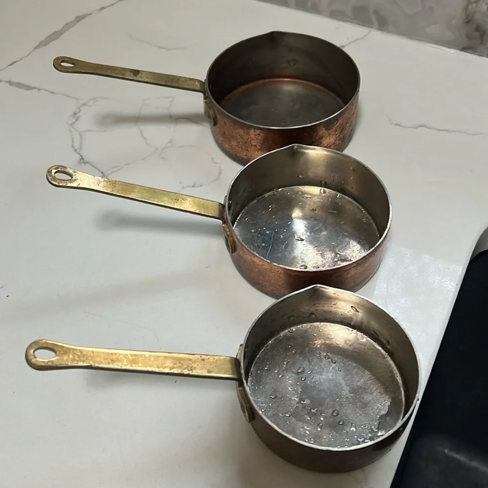 Set of 3 French Antique Copper Measuring Cups with Brass Handle